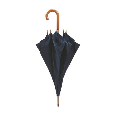 Umbrella with 190T polyester canopy, metallic frame, wooden shaft, handle and velcro fastener.