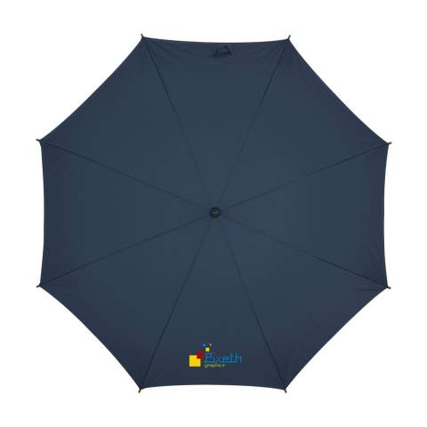 Umbrella with 190T polyester canopy, metallic frame, wooden shaft, handle and velcro fastener.