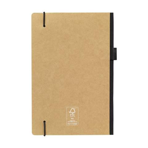 WoW! Practical notebook in A5 format. With a hard cover made from kraft cardboard (300 g/m²). This booklet has approx. 80 sheets/160 pages of cream-coloured, lined FSC Mix certified paper (80 g/m²) with a handy closing elastic and pen loop. On the inside of the back cover, you will also find a handy storage compartment.