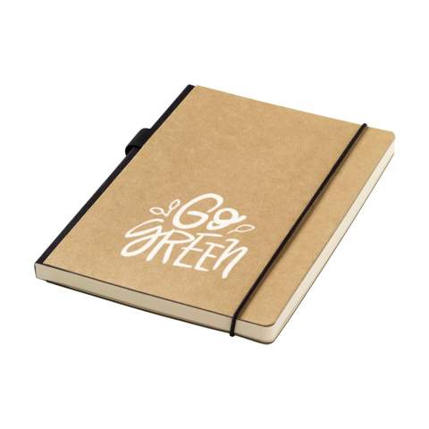 WoW! Practical notebook in A5 format. With a hard cover made from kraft cardboard (300 g/m²). This booklet has approx. 80 sheets/160 pages of cream-coloured, lined FSC Mix certified paper (80 g/m²) with a handy closing elastic and pen loop. On the inside of the back cover, you will also find a handy storage compartment.