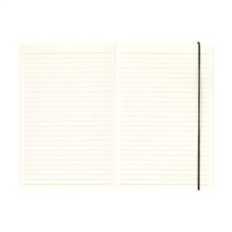 WoW! Practical notebook in A5 format. With a hard cover made from kraft cardboard (300 g/m²). This booklet has approx. 80 sheets/160 pages of cream-coloured, lined FSC Mix certified paper (80 g/m²) with a handy closing elastic and pen loop. On the inside of the back cover, you will also find a handy storage compartment.