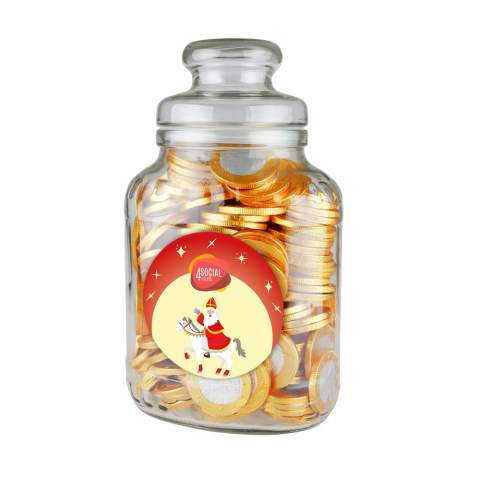 Nostalgic candy jar featuring a full color sticker on the front and filled with approx. 950 grams of Chocolate coins