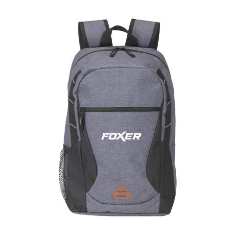 Backpack made from 600D/300D polyester. With royal main storage, front pocket with zipper, mesh pocket, adjustable, padded mesh shoulder straps, padded backside and hanging loop.