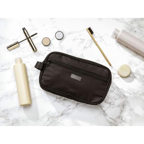 WoW! Large toiletry bag with zipper. Made from 600D RPET: recycled material made from PET bottles. With carrying strap and front pocket with zipper. The metal label on the front makes this product ideal for personalisation.