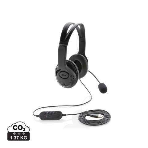 PC USB stereo headset with in-line soundcard and volume/mute control delivers superlative stereo sound while its microphone ensures clear conversation during calls. This lightweight ABS material over-ear headset is designed for daily long time use and compatible with PC and Mac®. With 2 metre USB A cable to give optimal connection with any computer.  Perfect for calling and video calls.