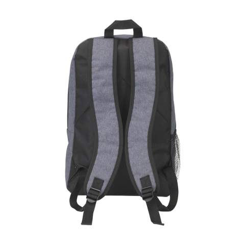 Backpack made from 600D/300D polyester. With royal main storage, front pocket with zipper, mesh pocket, adjustable, padded mesh shoulder straps, padded backside and hanging loop.