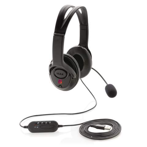 PC USB stereo headset with in-line soundcard and volume/mute control delivers superlative stereo sound while its microphone ensures clear conversation during calls. This lightweight ABS material over-ear headset is designed for daily long time use and compatible with PC and Mac®. With 2 metre USB A cable to give optimal connection with any computer.  Perfect for calling and video calls.