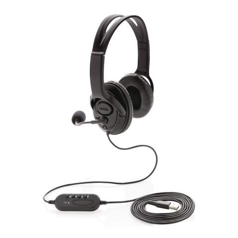 PC USB stereo headset with in-line soundcard and volume/mute control delivers superlative stereo sound while its microphone ensures clear conversation during calls. This lightweight ABS material over-ear headset is designed for daily long time use and compatible with PC and Mac®. With 2 metre USB A cable to give optimal connection with any computer.  Perfect for calling and video calls.