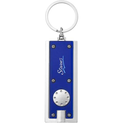 Bright white LED key light with push button. Split metal key ring. Batteries included.