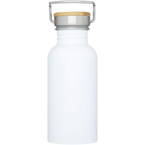 Single-walled stainless steel bottle with screw-on lid. The lid features a bamboo top, as well as a handle for easy carrying. Volume capacity is 550 ml. Presented in an Avenue gift box.