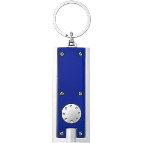 Bright white LED key light with push button. Split metal key ring. Batteries included.