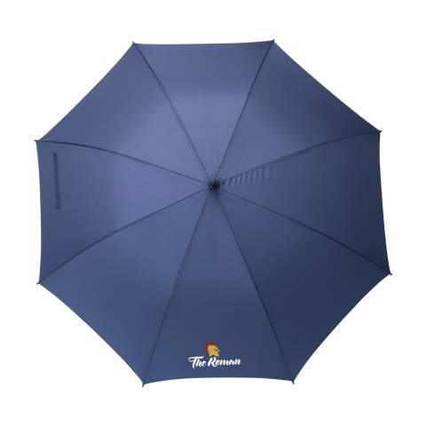 Umbrella with 190T pongee canopy and an extra large screen diameter of 132 cm. Comes with automatic telescopic suspension,  fibreglass frame and shaft, soft foam handle and velcro fastener.