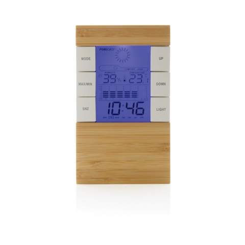 Weather station made with RCS (Recycled Claim Standard) certified recycled ABS and FSC® 100% bamboo. Total recycled content: 42 % based on total item weight. RCS certification ensures a completely certified supply chain of the recycled materials. With LCD screen. Functions: temperature, humidity, time, weekday, date, temperature. Including aaa batteries for direct use. Packed in FSC® mix kraft box.<br /><br />PVC free: true
