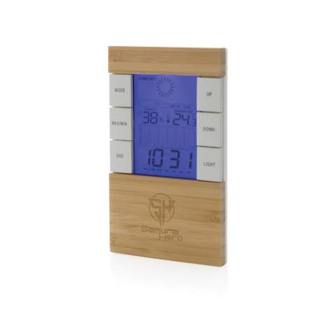 Weather station made with RCS (Recycled Claim Standard) certified recycled ABS and FSC® 100% bamboo. Total recycled content: 42 % based on total item weight. RCS certification ensures a completely certified supply chain of the recycled materials. With LCD screen. Functions: temperature, humidity, time, weekday, date, temperature. Including aaa batteries for direct use. Packed in FSC® mix kraft box.<br /><br />PVC free: true
