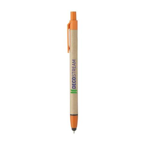 Blue ink ballpoint pen with barrel, made of recycled cardboard, rubber pointer to operate touch screens and plastic accents.