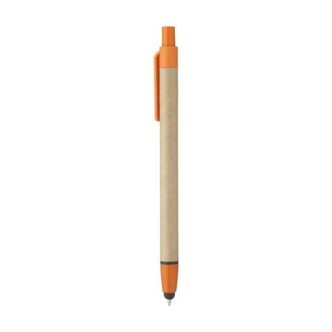 Blue ink ballpoint pen with barrel, made of recycled cardboard, rubber pointer to operate touch screens and plastic accents.