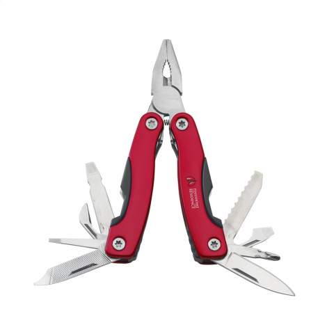 Compact stainless steel multi tool with aluminium hand grip and metallic look. 9-pieces with 13 functions: tongs, wire cutter, 3 screwdrivers, reamer, file, can opener, cap lifter, fish scraper, hook removal tool, knife and phillips  screwdriver. With lock. In a nylon case. Please note local rules may apply regarding the possession and/or carrying of knives or multitools in public. Each item is individually boxed.