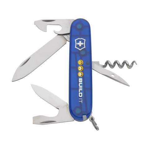 Couteau Suisse original de la marque Victorinox ligne Officiers avec poignée ABS, plaques intermédiaires en aluminium dur anodisé et des outils en acier recyclé à 100%. 9 pièces avec 12 fonctions : grand couteau, petit couteau, tire-bouchon, ouvre-boîte avec petit tournevis,  décapsuleur avec grand tournevis, pince à dénuder, alésoir avec poinçon et œillet, anneau, pince à épiler et cure-dents. Comprend un mode d'emploi et une garantie à vie contre les défauts de matériaux et de fabrication. Victorinox est le symbole mondial de qualité, fiabilité, fonctionnalité et perfection. Attention, la législation en vigueur s'applique concernant la possession et / ou le transport de couteaux ou d'outils multifonctions en public. Par pièce dans une boîte.