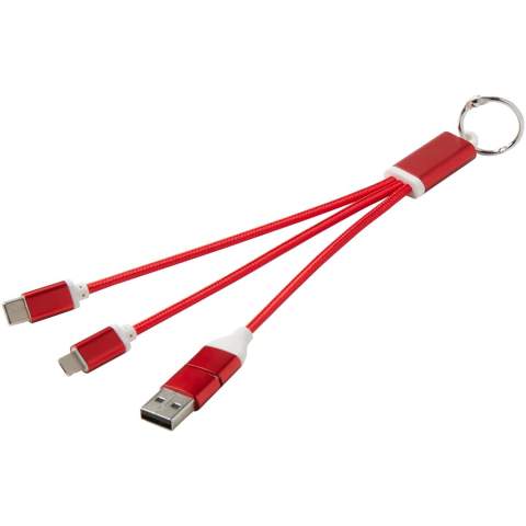 4-in-1 oplaadkabel aan sleutelhanger van gerecycled aluminium met een max. vermogen van 10 W. Dankzij de USB-A en Type-C ingangsconnectoren in combinatie met de Type-C en Lightning/Micro USB combi-uitgangsconnectoren (ondersteunt Apple iOS- en Android-apparaten) kun je de meeste smartphones, camera's, powerbanks en oordopjes opladen.