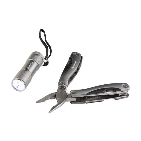 Functional and complete gift set: 9-piece stainless steel multi tool with 12 functions (tongs, wire stripper, saw, 2 screwdrivers, can opener, cap lifter, file, knife, phillips screwdriver, fish scraper, hook removal tool) and aluminium handle and metallic look. Aluminium flashlight (Ø 2.7 x 9 cm) with 9 bright white energy-efficient LED lights and detachable loop. batteries incl. Please note local rules may apply regarding the possession and/or carrying of knives or multitools in public. Items supplied as a set with, each set individually boxed.