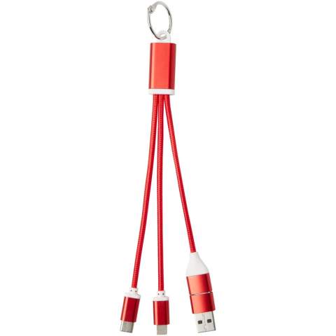 4-in-1 oplaadkabel aan sleutelhanger van gerecycled aluminium met een max. vermogen van 10 W. Dankzij de USB-A en Type-C ingangsconnectoren in combinatie met de Type-C en Lightning/Micro USB combi-uitgangsconnectoren (ondersteunt Apple iOS- en Android-apparaten) kun je de meeste smartphones, camera's, powerbanks en oordopjes opladen.