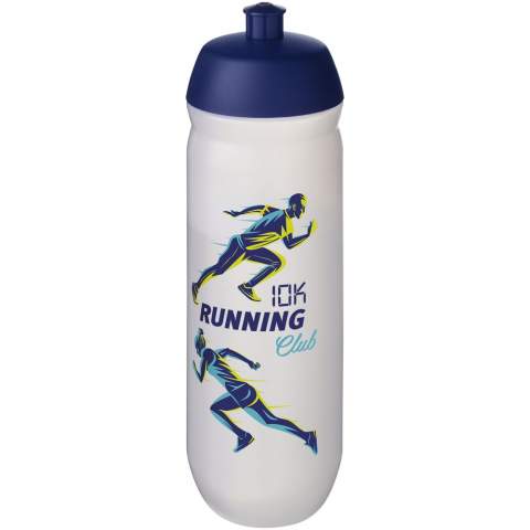 Single-walled sport bottle with a screw-fix pull-up lid. Made from flexible MDPE plastic, this squeezy bottle is perfect for sporting environments. Volume capacity is 750 ml. Made in the UK. BPA-free. EN12875-1 compliant and dishwasher safe.