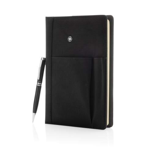 Executive 1680D and 600D polyester notebook cover with pen. Including removable notebook with 192 pages of 80g/m2 paper inside. Pocket on the cover can hold pen, cards, cash, mobile phone etc. Packed in Swiss Peak giftbox.<br /><br />NotebookFormat: A5<br />NumberOfPages: 192<br />PaperRulingLayout: Lined pages