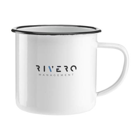 Enamelled mug. A popular retro-style design. To accentuate the retro look, the mug has imperfections. Capacity 350 ml. Each item is supplied in an individual brown cardboard box.