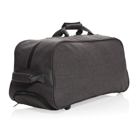 Wochenendtasche aus 600D Polyester mit ausziehbarem Trolley-System. Eine Fronttasche und ein großes Hauptfach.