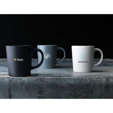 Distinctive mug with an attractive design: Made of high-quality ceramics and with a matt top layer. Capacity 250 ml. NOTE: The white mug cannot be laser engraved because it is not sufficiently visible. The imprint is tested and certified dishwasher-safe: EN 12875-2.