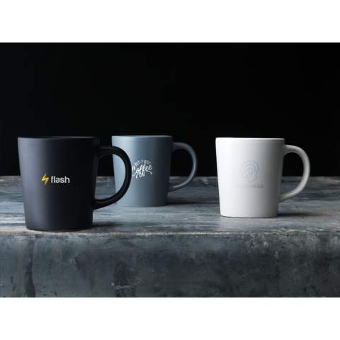 Distinctive mug with an attractive design: Made of high-quality ceramics and with a matt top layer. Capacity 250 ml. NOTE: The white mug cannot be laser engraved because it is not sufficiently visible. The imprint is tested and certified dishwasher-safe: EN 12875-2.