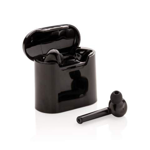 Ultimate freedom with these true wireless earbuds in charging case. The earbuds have a 35 mAh battery and can be re-charged in the 400 mAh charging case within 1 hour. Easy to pair with your mobile device to listen to your favorite music. Play time on medium volume about 2 hours. With BT 5.0 for optimal connection. Operating distance up to 10 metres. with mic. Including 3 size eartips. ABS material.<br /><br />HasBluetooth: True