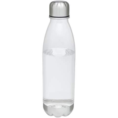 Single-walled water bottle in durable material with screw-on lid. Shatter, stain, and odour resistant. Features a stainless steel lid and bottom. BPA free. Volume capacity is 685 ml.