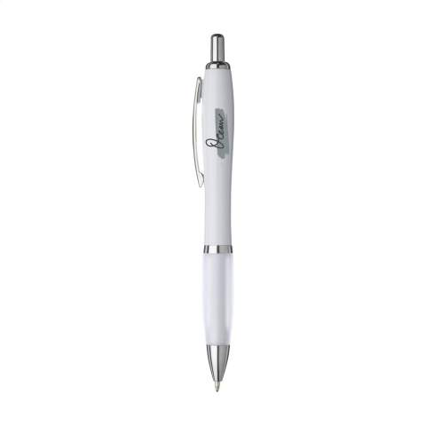 Stylo à encre bleue ou noire avec corps blanc avec embout coloré antidérapant et clip en métal.