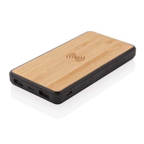 8.000 mAh powerbank  Made with RCS (Recycled Claim Standard) certified recycled ABS plastic with soft touch finish and FSC® certified bamboo.  Total recycled content: 20 % based on total item weight. RCS certification ensures a completely certified supply chain of the recycled materials. Supports 5W wireless charging and charging via USB port by cable. Input both via micro USB as welll as type C. When fully charged it will provide you with enough energy to re-charge your mobile phone up to four times. The powerbank contains a long-lasting grade A 8.000 mAh lithium polymer battery. The power indicators will indicate the remaining energy level so you always know when to re-charge. Micro input 5V/2A Type-C input 5V/2A USB Output 5V/2.4A. Wireless Output 5W 5V/1A.  Packed in FSC® mix packaging. Including RCS certified recycled TPE charging cable.<br /><br />WirelessCharging: true<br />PowerbankCapacity: 8000<br />PVC free: true