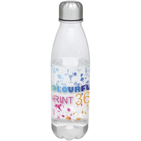 Single-walled water bottle in durable material with screw-on lid. Shatter, stain, and odour resistant. Features a stainless steel lid and bottom. BPA free. Volume capacity is 685 ml.