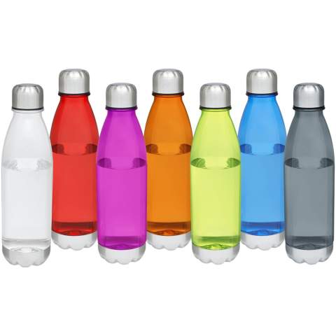 Single-walled water bottle in durable material with screw-on lid. Shatter, stain, and odour resistant. Features a stainless steel lid and bottom. BPA free. Volume capacity is 685 ml.