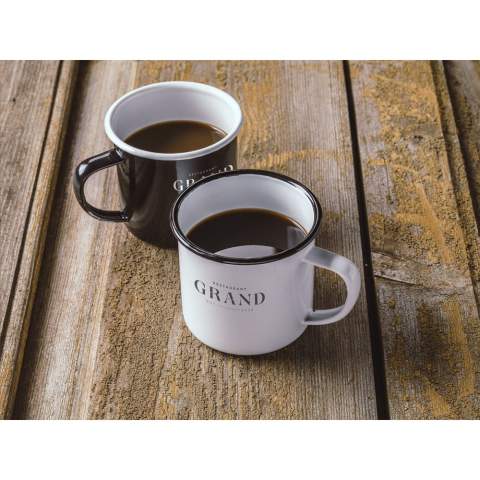 Enamelled mug. A popular retro-style design. To accentuate the retro look, the mug has imperfections. Capacity 350 ml. Each item is supplied in an individual brown cardboard box.