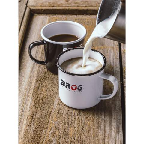 Enamelled mug. A popular retro-style design. To accentuate the retro look, the mug has imperfections. Capacity 350 ml. Each item is supplied in an individual brown cardboard box.