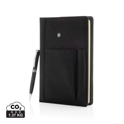 Executive 1680D and 600D polyester notebook cover with pen. Including removable notebook with 192 pages of 80g/m2 paper inside. Pocket on the cover can hold pen, cards, cash, mobile phone etc. Packed in Swiss Peak giftbox.<br /><br />NotebookFormat: A5<br />NumberOfPages: 192<br />PaperRulingLayout: Lined pages