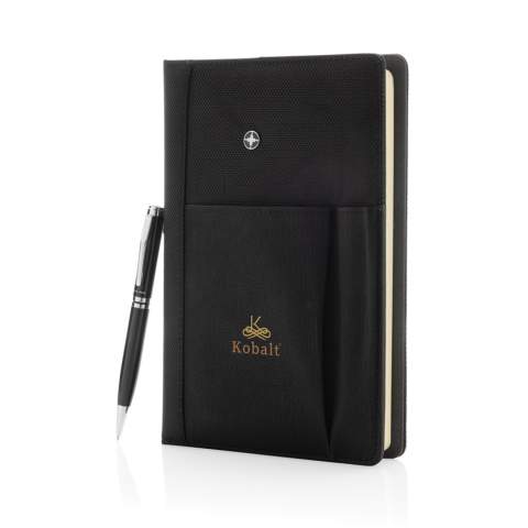 Executive 1680D and 600D polyester notebook cover with pen. Including removable notebook with 192 pages of 80g/m2 paper inside. Pocket on the cover can hold pen, cards, cash, mobile phone etc. Packed in Swiss Peak giftbox.<br /><br />NotebookFormat: A5<br />NumberOfPages: 192<br />PaperRulingLayout: Lined pages