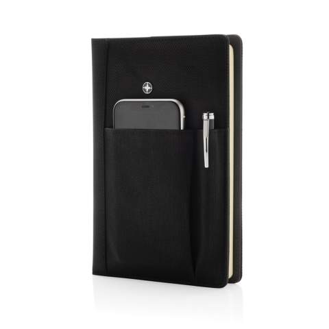 Executive 1680D and 600D polyester notebook cover with pen. Including removable notebook with 192 pages of 80g/m2 paper inside. Pocket on the cover can hold pen, cards, cash, mobile phone etc. Packed in Swiss Peak giftbox.<br /><br />NotebookFormat: A5<br />NumberOfPages: 192<br />PaperRulingLayout: Lined pages