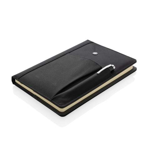 Executive 1680D and 600D polyester notebook cover with pen. Including removable notebook with 192 pages of 80g/m2 paper inside. Pocket on the cover can hold pen, cards, cash, mobile phone etc. Packed in Swiss Peak giftbox.<br /><br />NotebookFormat: A5<br />NumberOfPages: 192<br />PaperRulingLayout: Lined pages