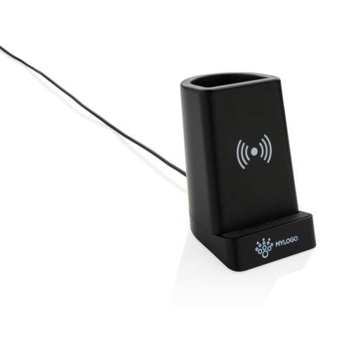 Charge your mobile devices without connecting a cable with this unique two in one desk accessory.  Just place your mobile phone on the stand and wait for the charging notification to appear. The charger also allows you to store your stationery accessories like pens or pencils. This charger gives you the option to decorate with your own logo on the item, once connected it will light up for optimal exposure. Compatible with all QI enabled devices like android latest generation, iPhone 8 and up. Input: 5V/3A. Wireless Output: 5V/1A 5W. Including 150 cm micro usb cable.<br /><br />WirelessCharging: true