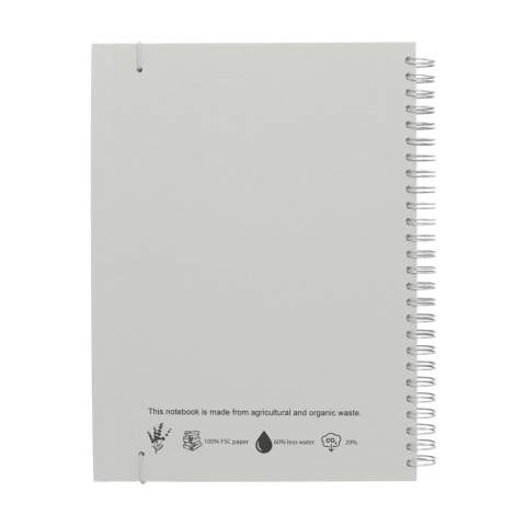 WoW! Bloc-notes au format A5. Avec env. 100 feuilles / 200 pages de papier ligné (80 g/m²), une solide reliure spirale métallique et un élastique de fermeture. La couverture rigide est fabriquée à partir de déchets agricoles et organiques tels que les tomates, les poivrons, les plantes et les oignons. Ces déchets sont mélangés avec du papier recyclé d'origine européenne. Un carnet pratique pour prendre des notes et noter des idées.