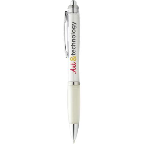 Ballpoint pen with click action mechanism and soft touch grip.