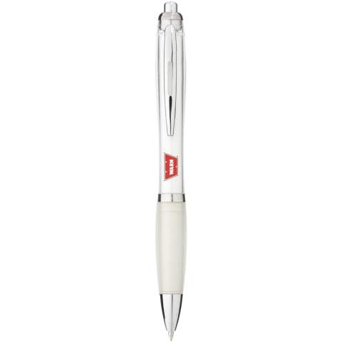 Ballpoint pen with click action mechanism and soft touch grip.