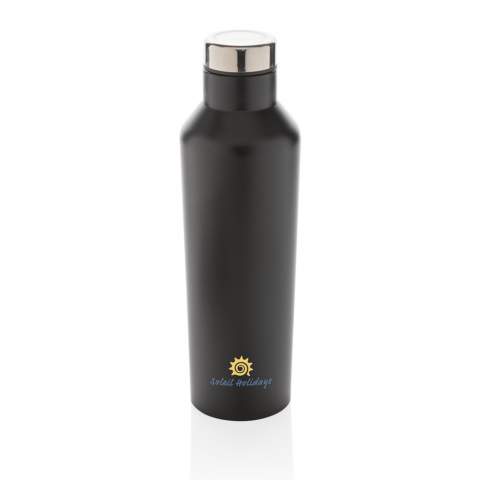 A beautiful contemporary vacuum stainless steel bottle that makes a statement. With its unique design this bottle is a definite asset to your essentials. Made of high quality stainless steel with leakproof screw on lid.  It keeps whatever you fancy cold for up to 15 hours or hot for up to 5 hours. BPA free.<br /><br />HoursHot: 5<br />HoursCold: 15