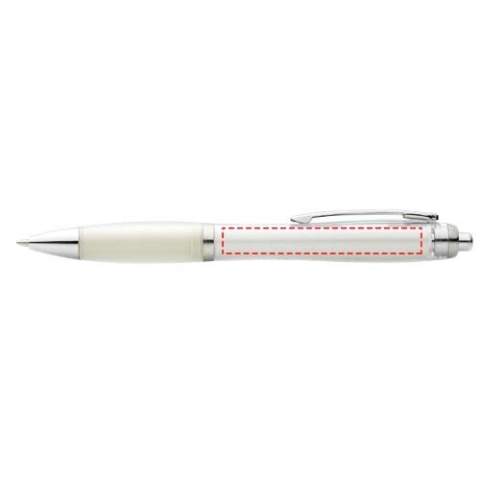 Ballpoint pen with click action mechanism and soft touch grip.