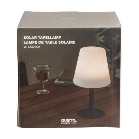 The Gusta solar table lamp has a sleek and stylish design. This durable lamp has a metal base and a lampshade made from sturdy plastic. With two light modes: a position for cosy mood lighting and a position with a bright light suitable for reading. With a charging time of 6 to 8 hours, when the lamp is fully charged, you can use it for 6 to 8 hours on the low light setting or 3 to 4 hours on the high light setting. The ideal lamp for a terrace, balcony or campsite, but also fun for indoor use. Each item is individually boxed.